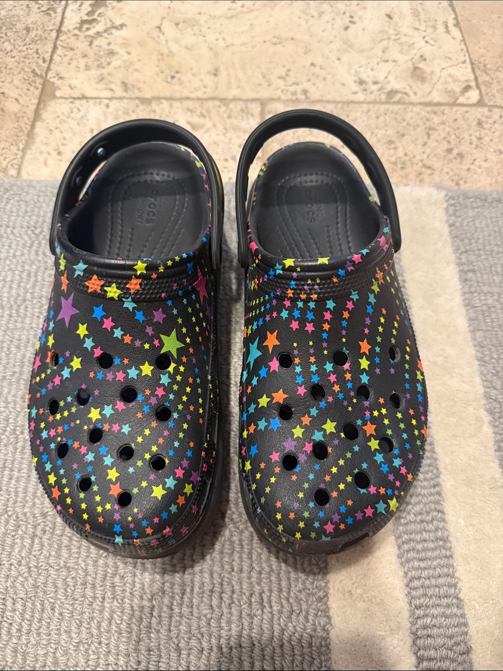 CROCS Kids Black Clog Sandals with Multicolor Star Print